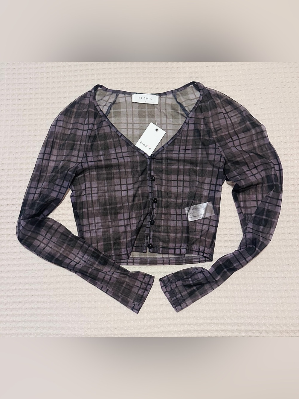 Elodie Plaid Sheer Cropped Button-Front Top
